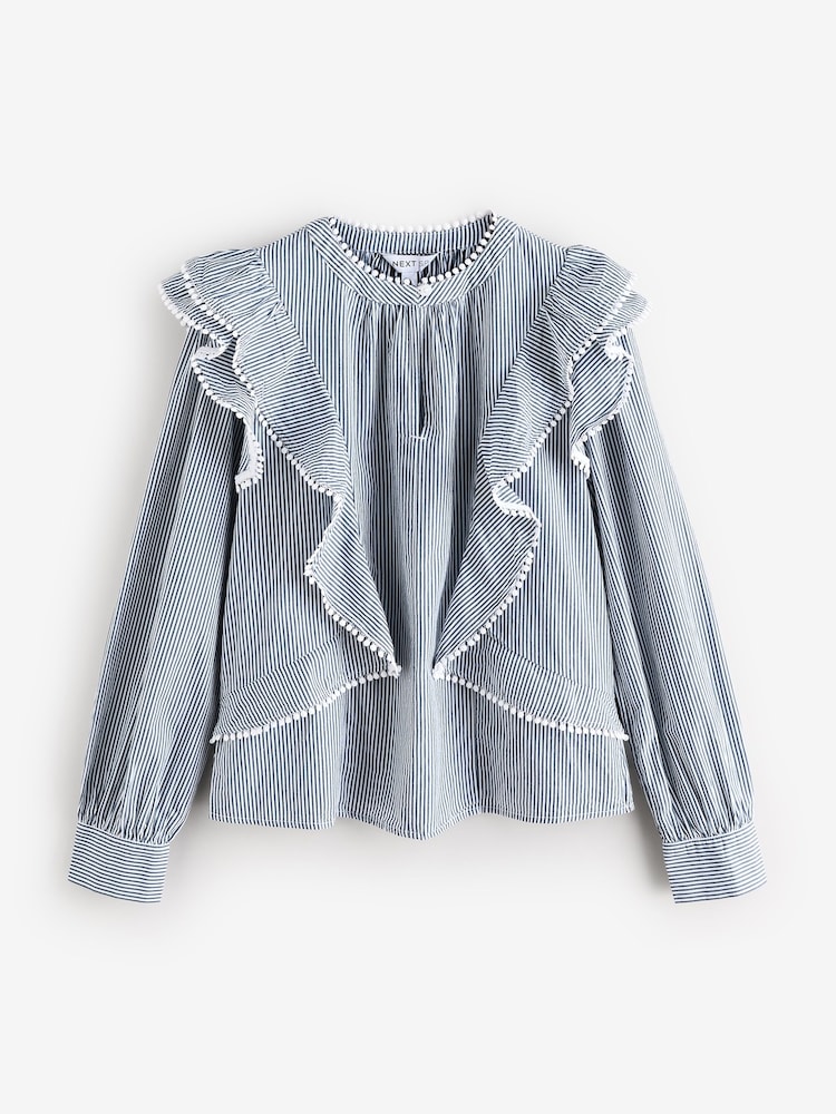Blue Long Sleeves Ticking Stripe 100% Cotton Blouse - Image 1 of 3