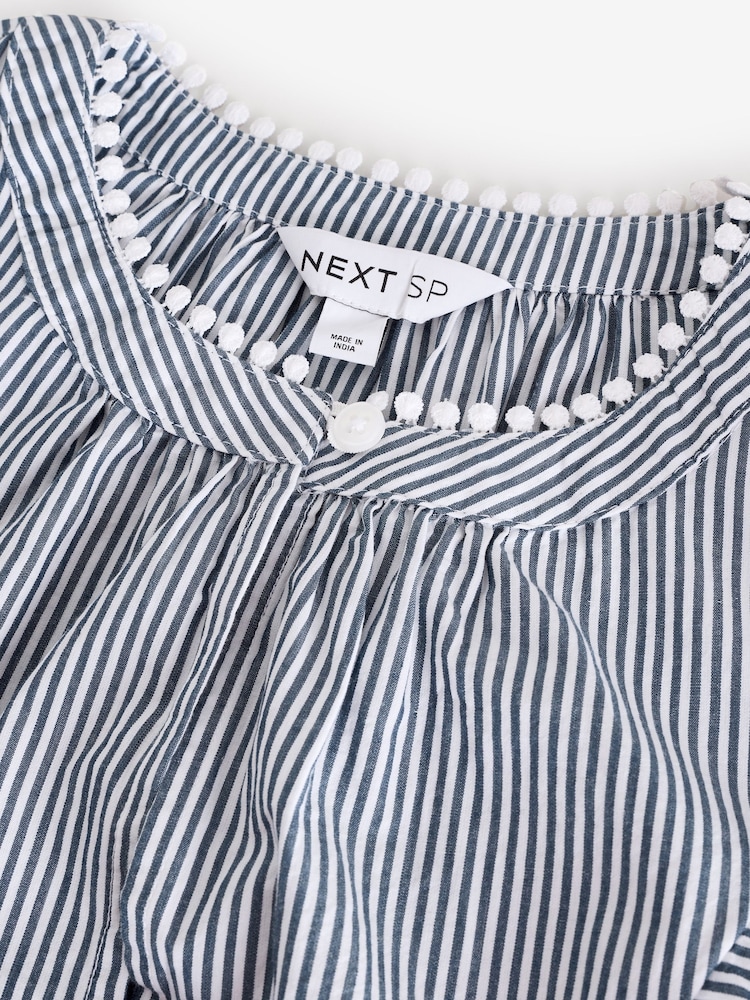 Blue Long Sleeves Ticking Stripe 100% Cotton Blouse - Image 3 of 3
