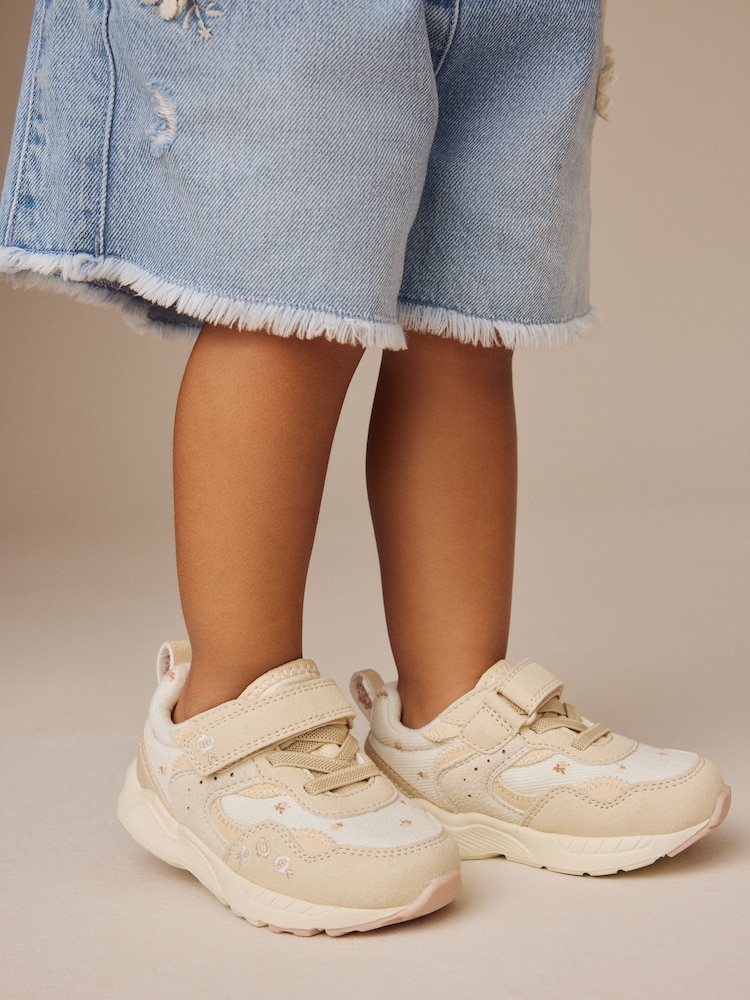 Neutral Embroidered Floral Elastic Lace Touch Fasten Trainers - Image 1 of 8