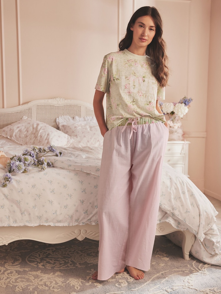 Shabby Chic by Rachel Ashwell® Pink/Green Floral Print Stripe 100% Cotton Pyjamas Set - Image 1 of 9