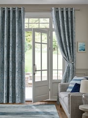 Blue Floral Jacquard Eyelet Lined Curtains - Image 2 of 5