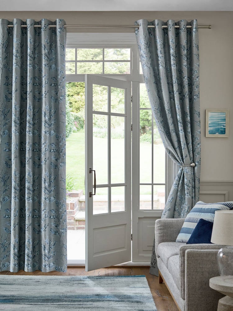 Blue Floral Jacquard Eyelet Lined Curtains - Image 2 of 5