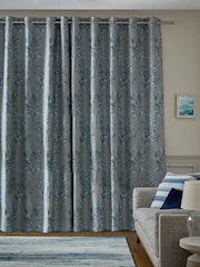 Blue Floral Jacquard Eyelet Lined Curtains - Image 3 of 5