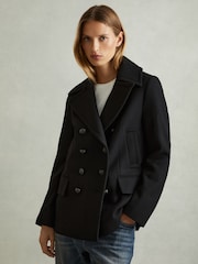 Reiss Black Lily Wool Blend Double Breasted Pea Coat - Image 1 of 6