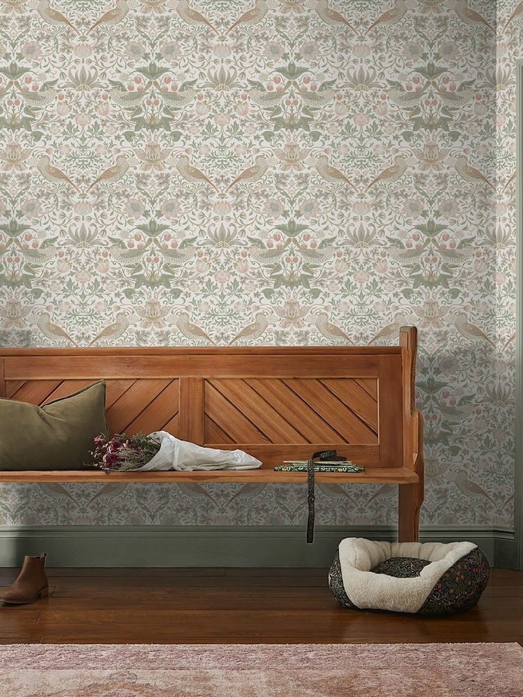 William Morris At Home Sage & Pink Strawberry Thief 10M Wallpaper - Image 1 of 4