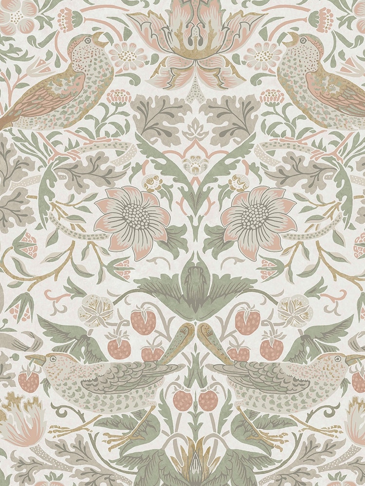 William Morris At Home Sage & Pink Strawberry Thief 10M Wallpaper - Image 2 of 4