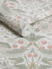 William Morris At Home Sage & Pink Strawberry Thief 10M Wallpaper - Image 3 of 4