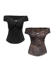 Style Cheat Black Leopard And Plain Ely Bardot Tops 2 Pack - Image 1 of 5