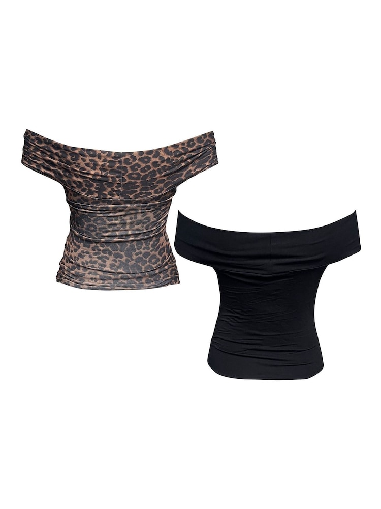 Style Cheat Black Leopard And Plain Ely Bardot Tops 2 Pack - Image 5 of 5