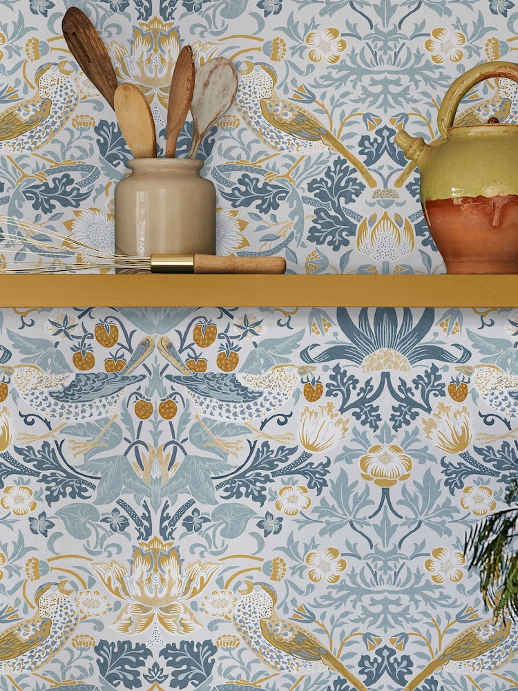William Morris At Home Soft Blue Strawberry Thief 10M Wallpaper - Image 1 of 4