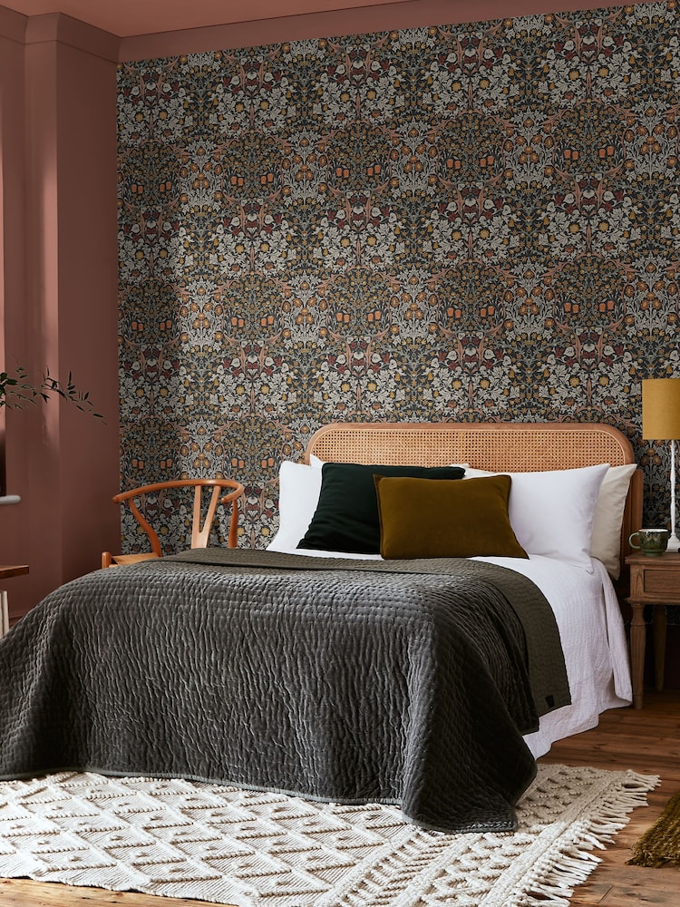 William Morris At Home Charcoal & Burnt Orange Blackthorn 10M Wallpaper - Image 1 of 4 William Morris At Home Charcoal & Burnt Orange Blackthorn 10M Wallpaper - Image 1 of 4