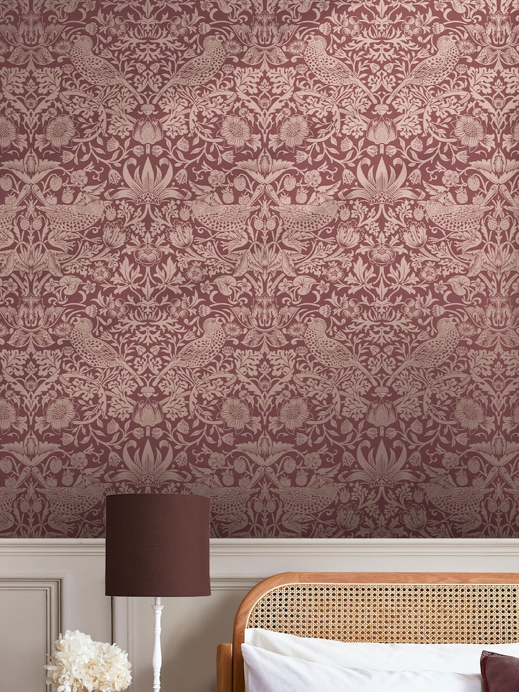 William Morris At Home Burgundy Strawberry Thief 10M Wallpaper - Image 1 of 4