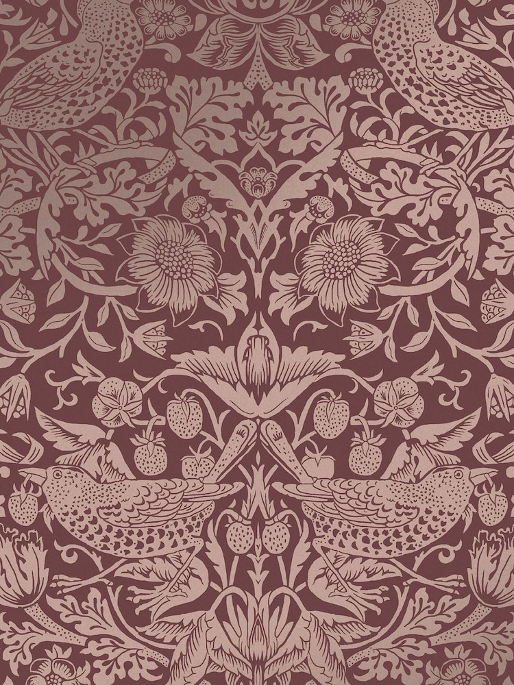 William Morris At Home Burgundy Strawberry Thief 10M Wallpaper - Image 2 of 4