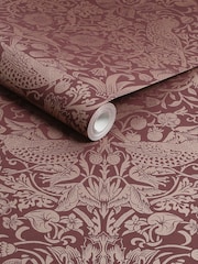 William Morris At Home Burgundy Strawberry Thief 10M Wallpaper - Image 3 of 4