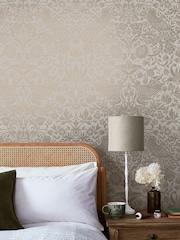 William Morris At Home Neutral Strawberry Thief Fibrous 10M Wallpaper - Image 1 of 4