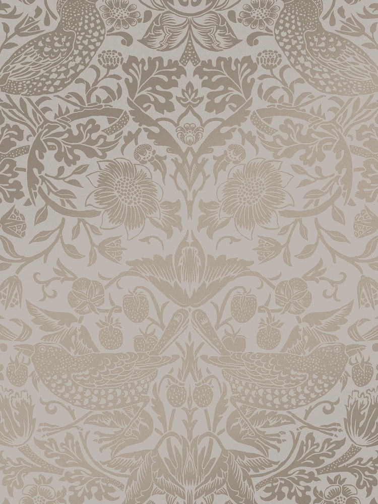 William Morris At Home Neutral Strawberry Thief Fibrous 10M Wallpaper - Image 2 of 4
