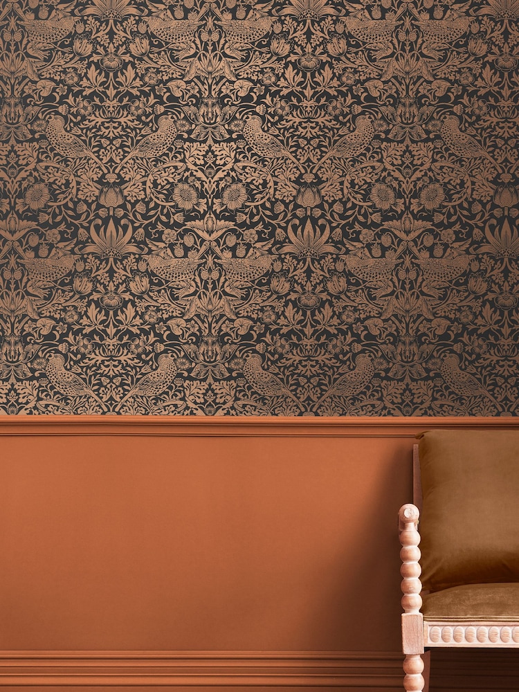 William Morris At Home Charcoal Strawberry Thief Fibrous 10M Wallpaper - Image 1 of 4