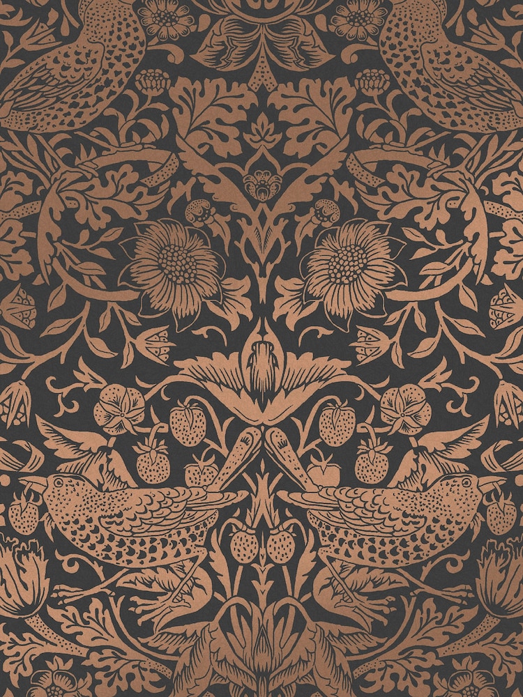 William Morris At Home Charcoal Strawberry Thief Fibrous 10M Wallpaper - Image 2 of 4
