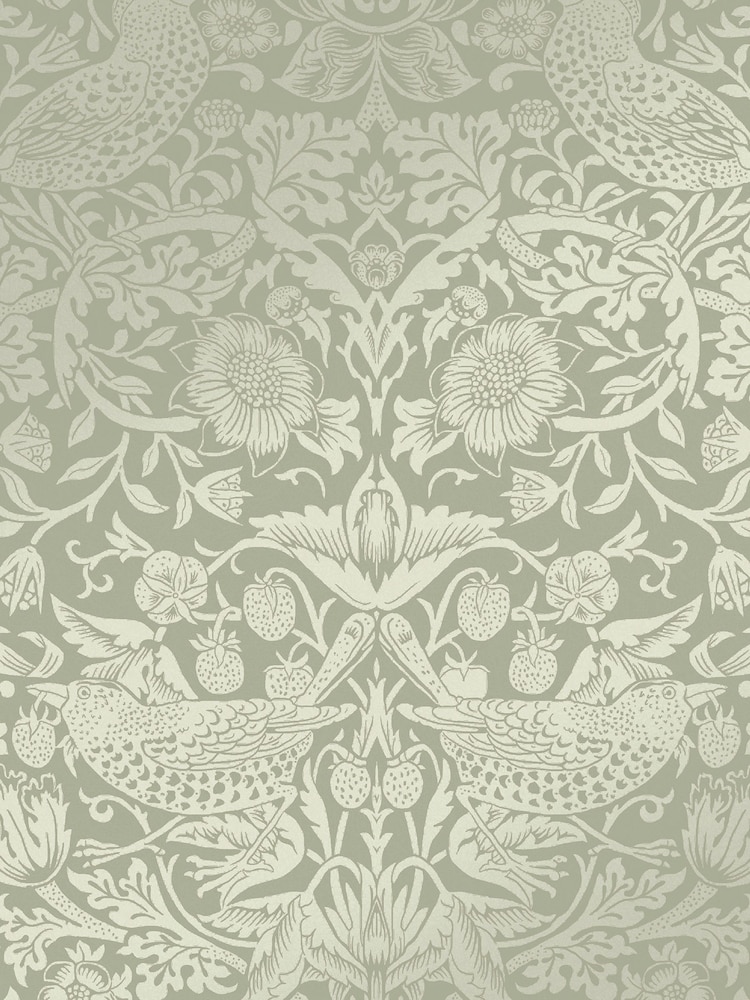 William Morris At Home Sage Strawberry Thief Fibrous 10M Wallpaper - Image 2 of 4