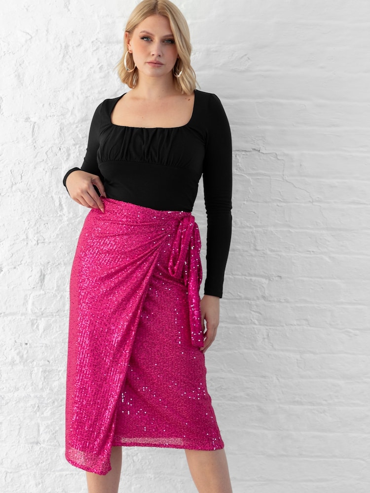 Lovedrobe Pink Functional Wrap Sequin Midi Skirt - Image 6 of 6