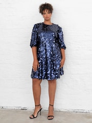 Lovedrobe Blue Puff Sleeve Sequin Mini Dress - Image 3 of 6