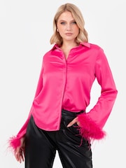Lovedrobe Satin Shirt With Feather Trim Split Cuff - Image 1 of 6