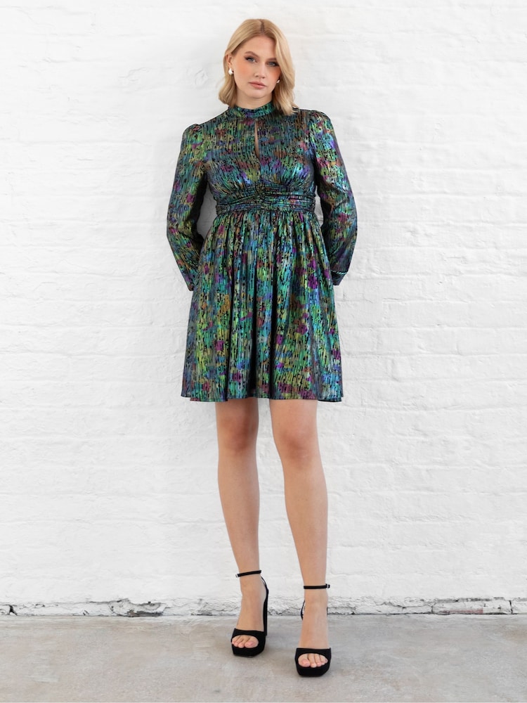 Lovedrobe Mini Metallic Plisse Keyhole Detail Black Dress - Image 1 of 6