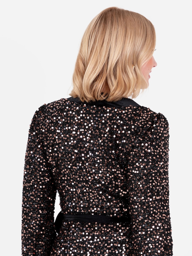 Lovedrobe Trim Tinsel Sequin Wrap Mini Black Dress - Image 6 of 6