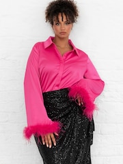 Lovedrobe Satin Shirt With Feather Trim Split Cuff - Image 1 of 6