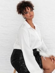 Lovedrobe Satin Shirt With Feather Trim Split Cuff - Image 6 of 6