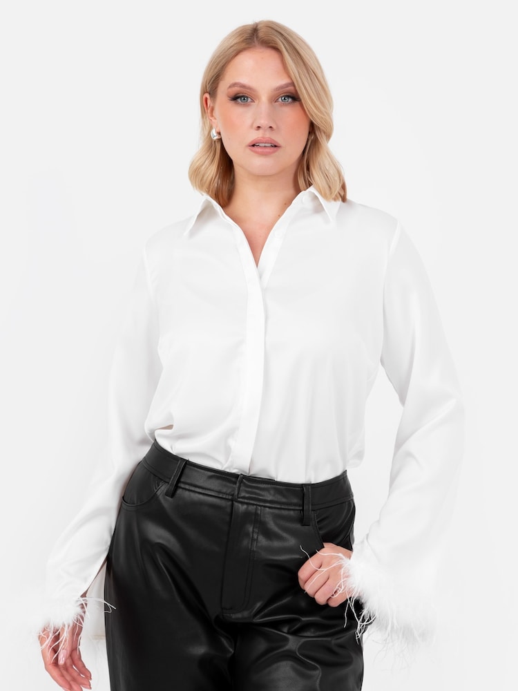 Lovedrobe Satin Shirt With Feather Trim Split Cuff - Image 1 of 6