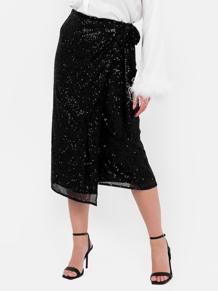 Lovedrobe Functional Wrap Sequin Black Midi Skirt - Image 1 of 6