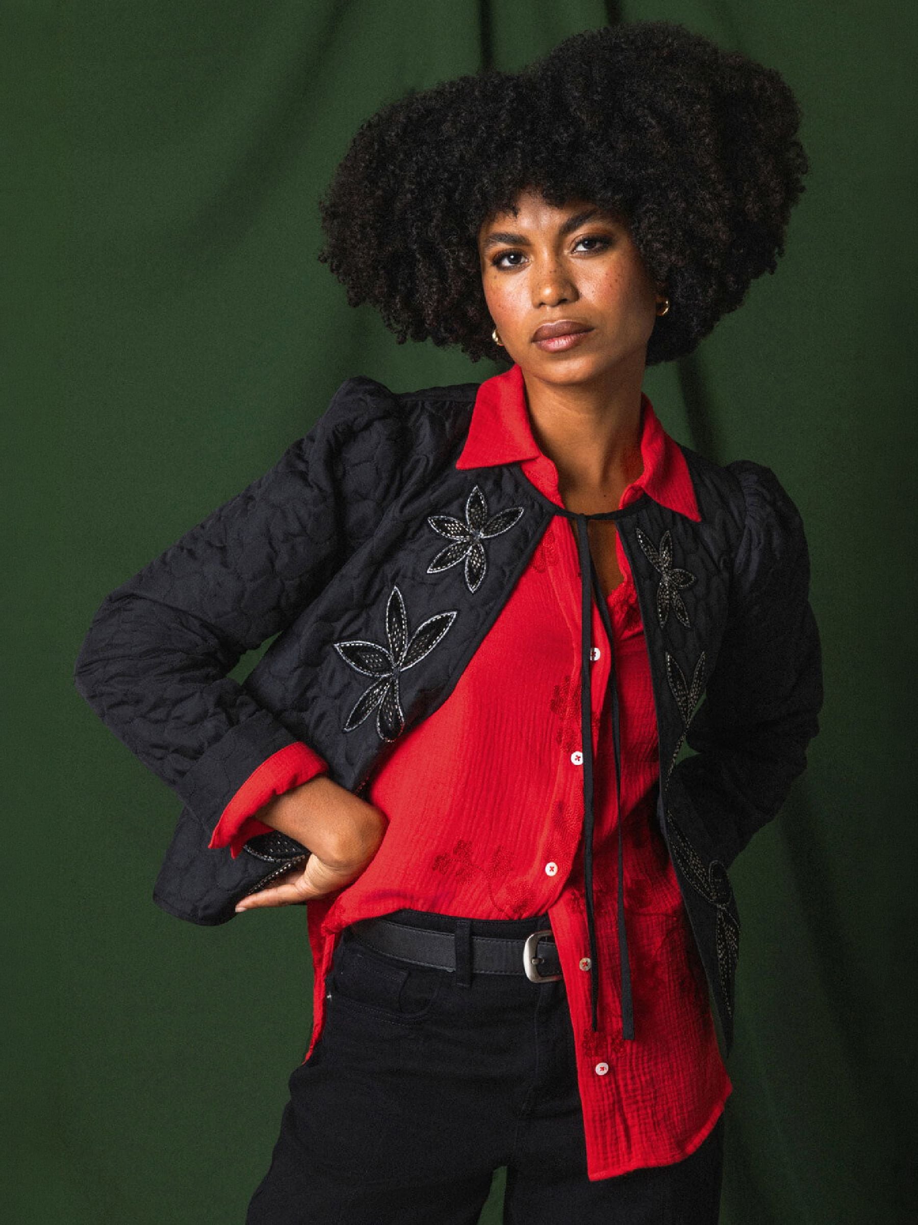 Roman Women's Black Quilted Velvet Trim Jacket In | : Size 16 - Image 2