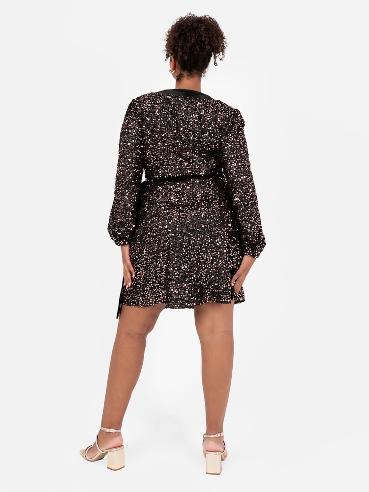 Lovedrobe Trim Tinsel Sequin Wrap Mini Black Dress - Image 2 of 6
