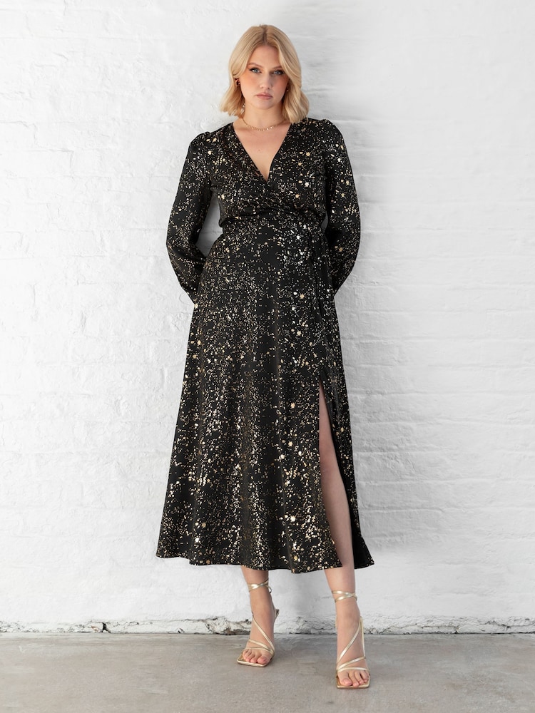 Lovedrobe Wrap Front Long Sleeve Midaxi Black Dress - Image 1 of 6