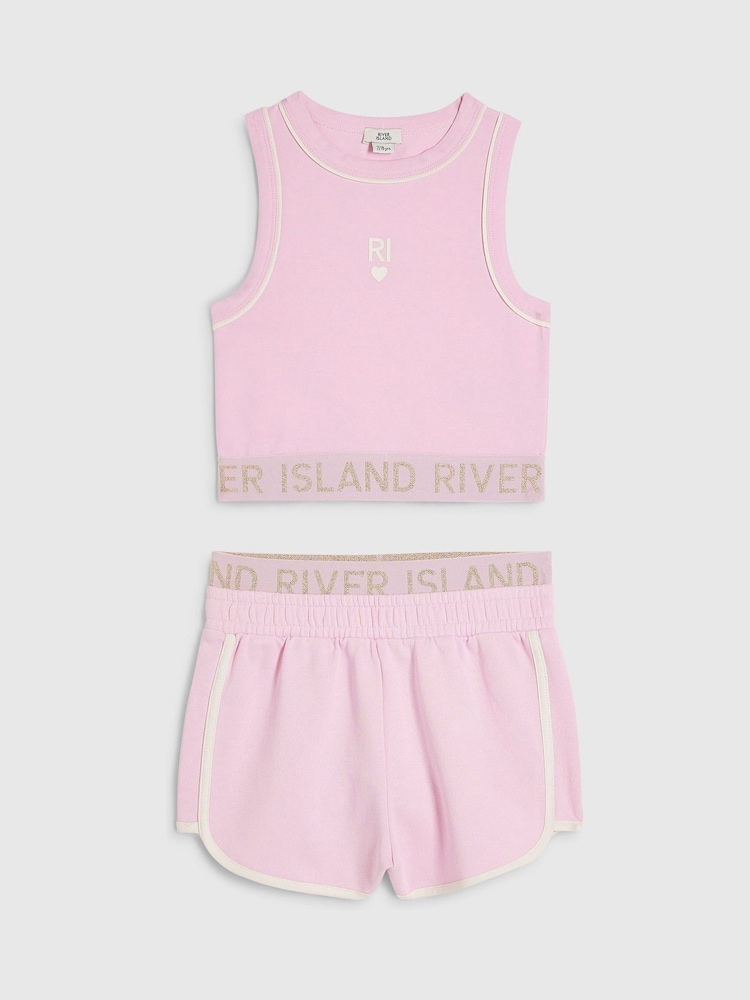 River Island Pink Logo Waistband Tank & Short Set - Image 1 of 4 River Island Pink Logo Waistband Tank & Short Set - Image 1 of 4