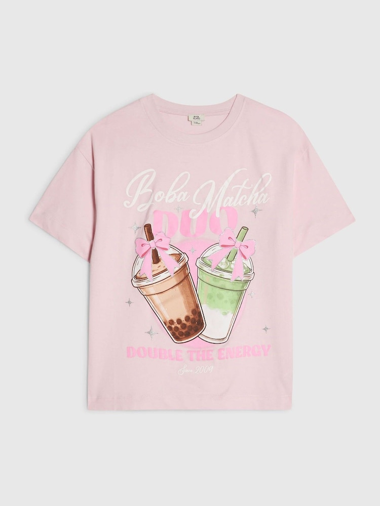 River Island Pink Boba Matcha T-Shirt - Image 1 of 4 River Island Pink Boba Matcha T-Shirt - Image 1 of 4