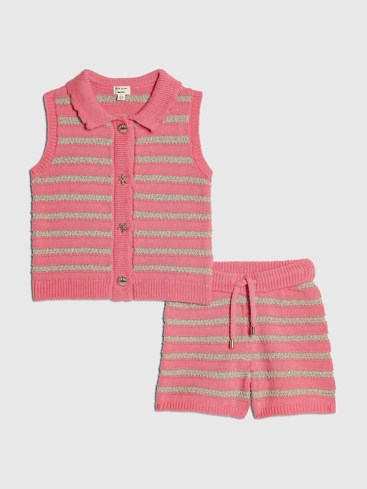 River Island Pink Stripe Button Waistcoat & Short Set - Image 1 of 5 River Island Pink Stripe Button Waistcoat & Short Set - Image 1 of 5