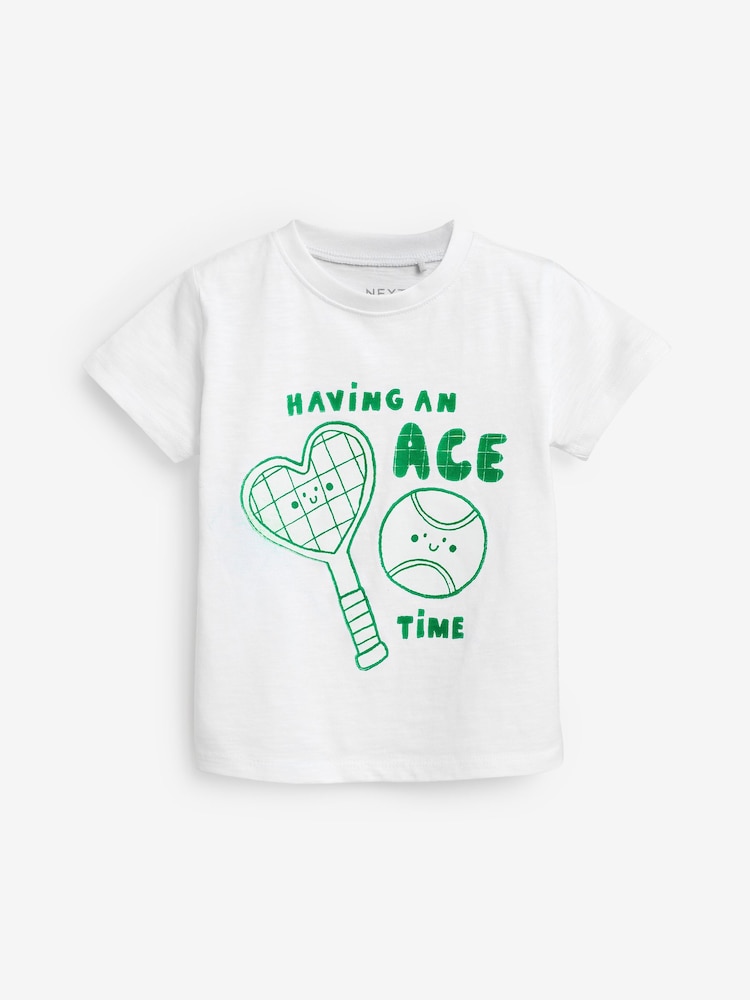 White Tennis Characters 100% Cotton Short Sleeve T-Shirt (3mths-7yrs) - Image 1 of 3