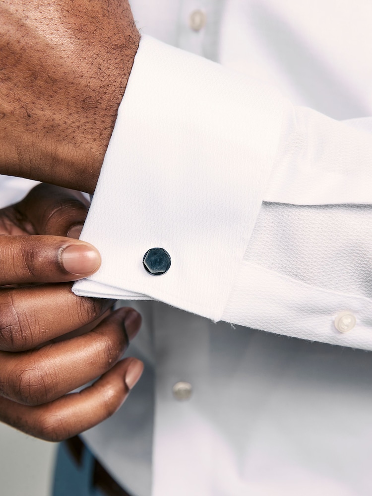 White Slim Fit Double Cuff Easy Care Textured Smart Shirt - Image 5 of 8