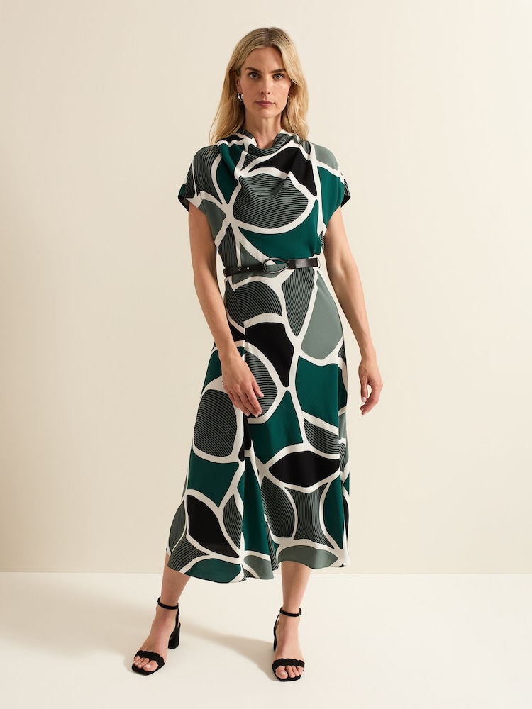 Phase Eight Green Zaynab Swirl Cowl Neck Midi Dress - Image 1 of 6