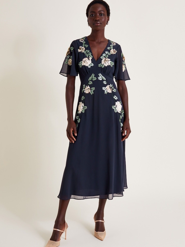 Monsoon Blue Cora Floral Embellished Midi Tea Dress - Image 1 of 5 Monsoon Blue Cora Floral Embellished Midi Tea Dress - Image 1 of 5