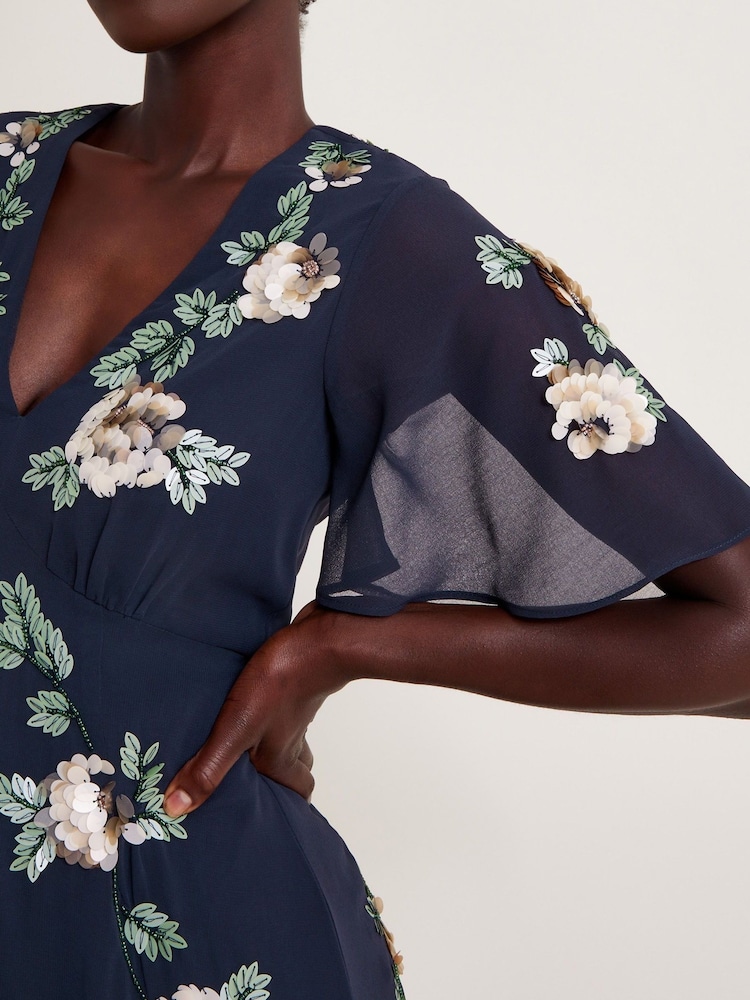 Monsoon Blue Cora Floral Embellished Midi Tea Dress - Image 2 of 5 Monsoon Blue Cora Floral Embellished Midi Tea Dress - Image 2 of 5