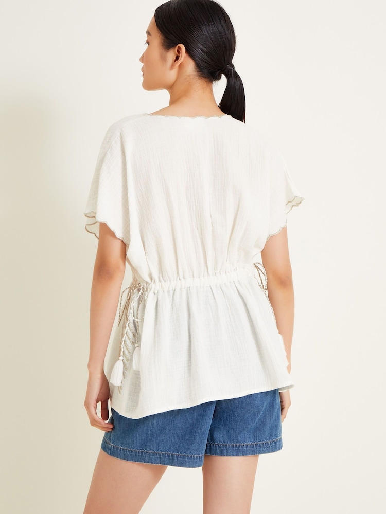 Monsoon Natural Cali Embroidered Leaf 100% Cotton Top - Image 2 of 4