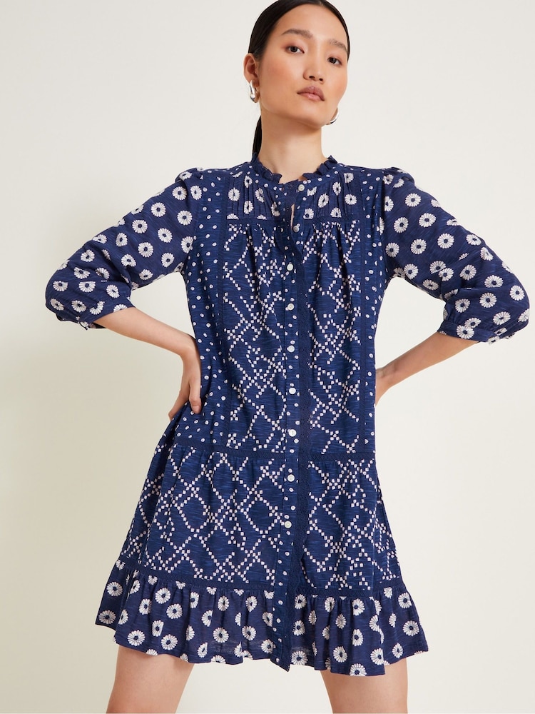 Monsoon Blue 100% Cotton Cindy Print Jersey Dress - Image 1 of 5