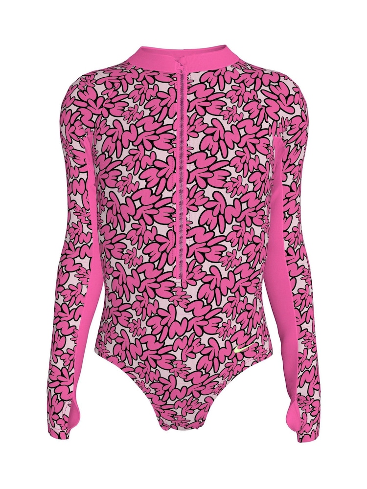Nike Pink Bubble Script Long Sleeve Swimsuit 1 Piece - Image 1 of 3