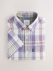 Lilac Purple/Ecru Madras Regular Fit Short Sleeve Easy Iron Button Down Oxford Shirt - Image 7 of 9