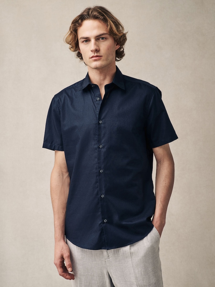 Navy Dobby Regular Fit 100% Cotton Short Sleeve Textured Shirt - Image 1 of 6 Navy Dobby Regular Fit 100% Cotton Short Sleeve Textured Shirt - Image 1 of 6