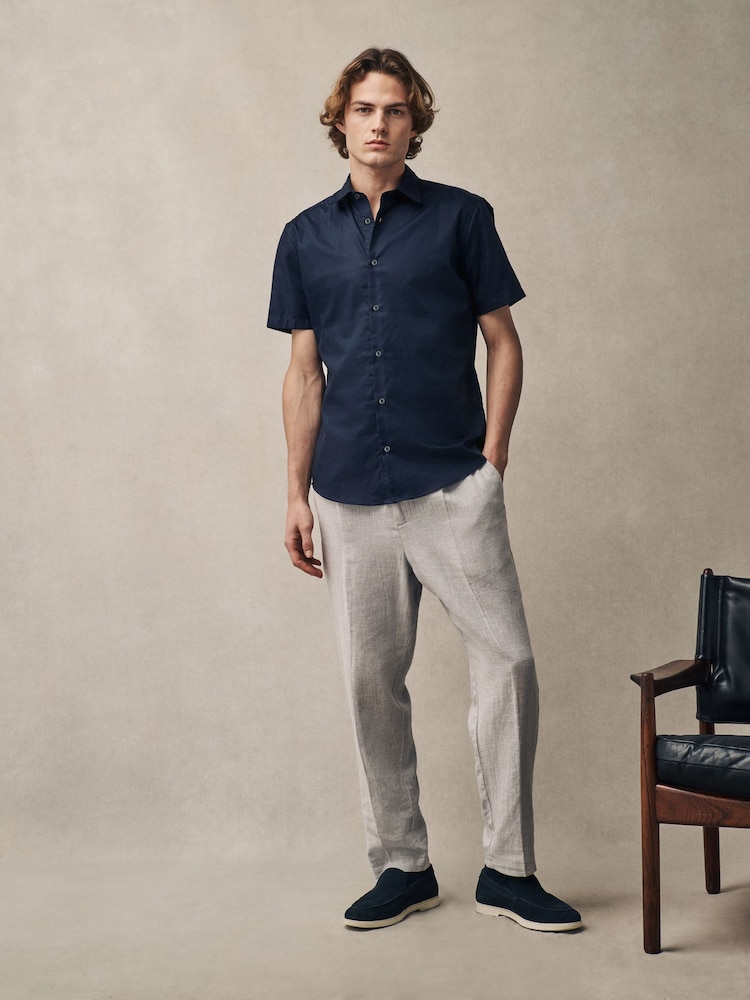 Navy Dobby Regular Fit 100% Cotton Short Sleeve Textured Shirt - Image 2 of 6 Navy Dobby Regular Fit 100% Cotton Short Sleeve Textured Shirt - Image 2 of 6