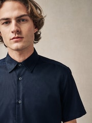 Navy Dobby Regular Fit 100% Cotton Short Sleeve Textured Shirt - Image 4 of 6